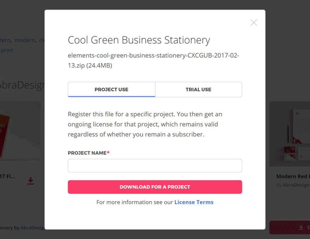 Envato Elements license example when signing up an item for usage.